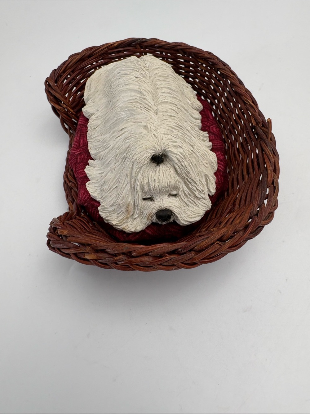 Vintage Sandicast Sleeping Maltese Dog Sculpture by Artist Sandy Brue